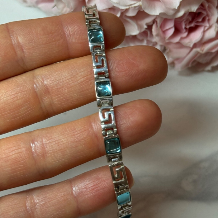 925 Sterling Silver Bracelet Aquamarine Length 7.5 in