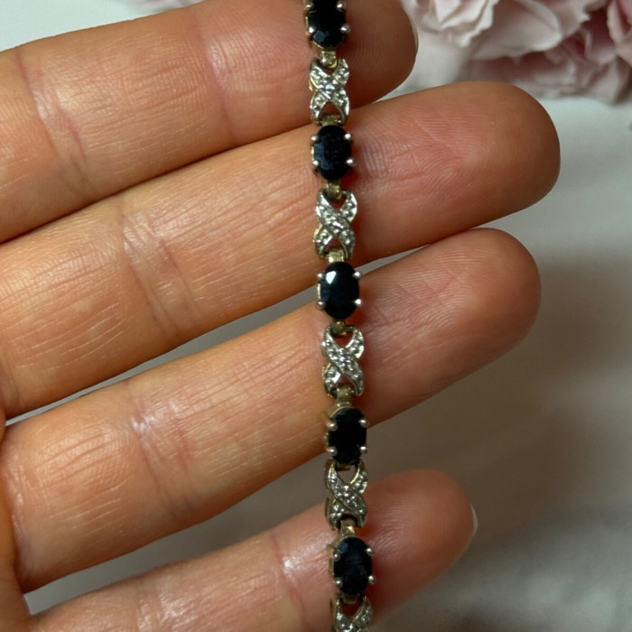 925 Sterling Silver Gold Plated Sapphire Bracelet Length 7.5 in