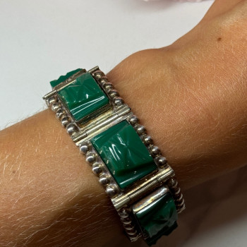 Vintage 925 Sterling Silver Green Jade Bracelet Length 7 in
