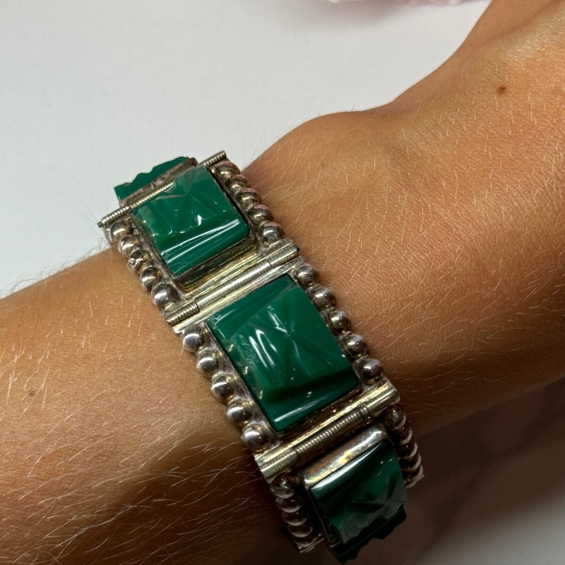Vintage 925 Sterling Silver Green Jade Bracelet Length 7 in