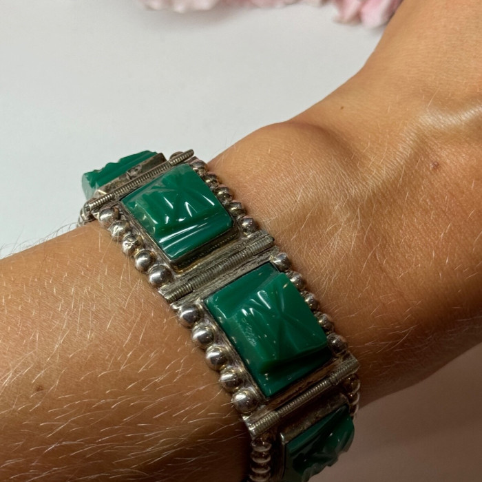 Vintage 925 Sterling Silver Green Jade Bracelet Length 7 in