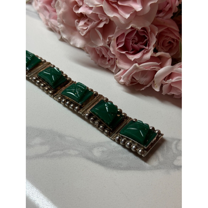VINTAGE 925 STERLING SILVER GREEN JADE BRACELET LENGTH 7 in