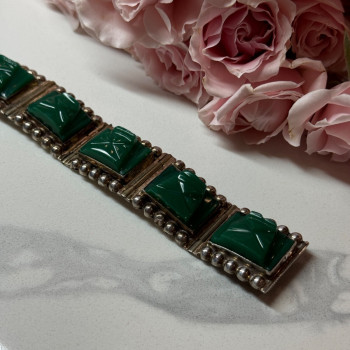 Vintage 925 Sterling Silver Green Jade Bracelet Length 7 in