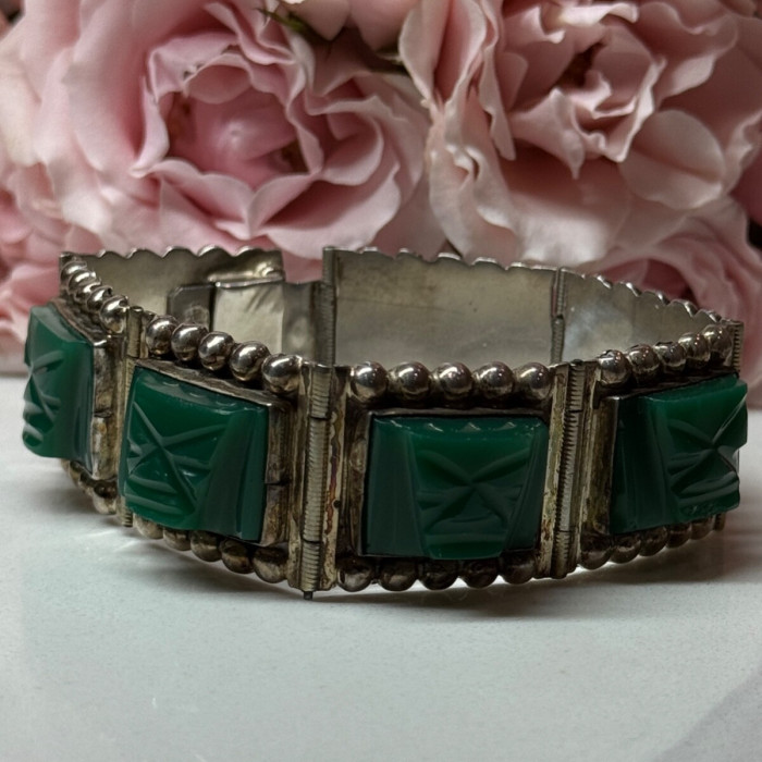 Vintage 925 Sterling Silver Green Jade Bracelet Length 7 in