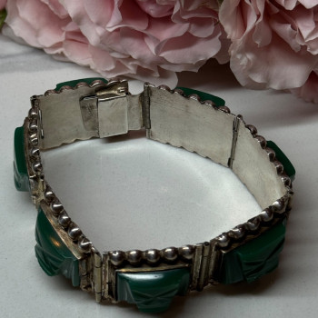 Vintage 925 Sterling Silver Green Jade Bracelet Length 7 in
