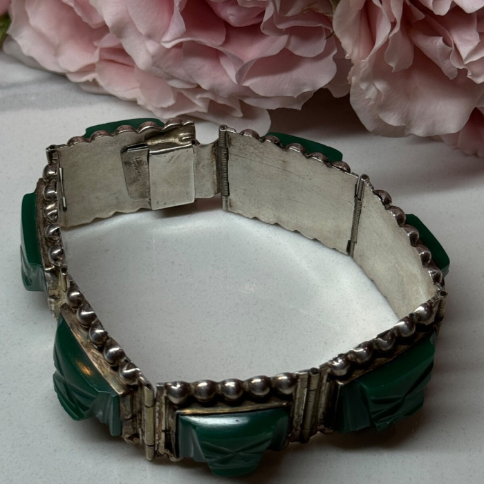 Vintage 925 Sterling Silver Green Jade Bracelet Length 7 in