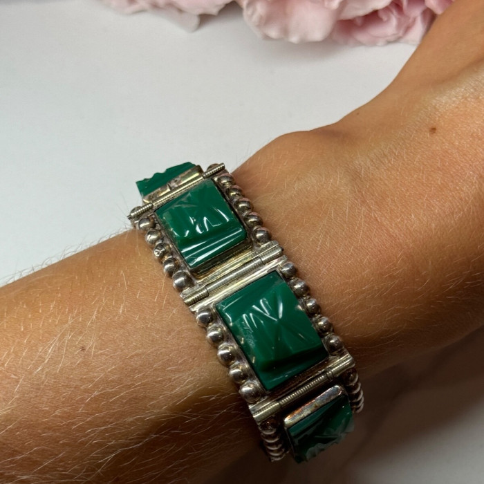 Vintage 925 Sterling Silver Green Jade Bracelet Length 7 in