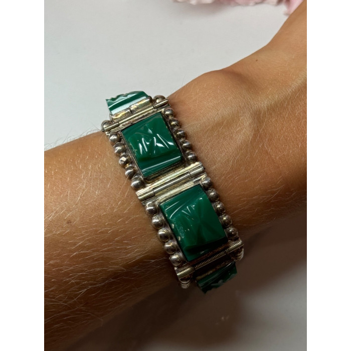 VINTAGE 925 STERLING SILVER GREEN JADE BRACELET LENGTH 7 in