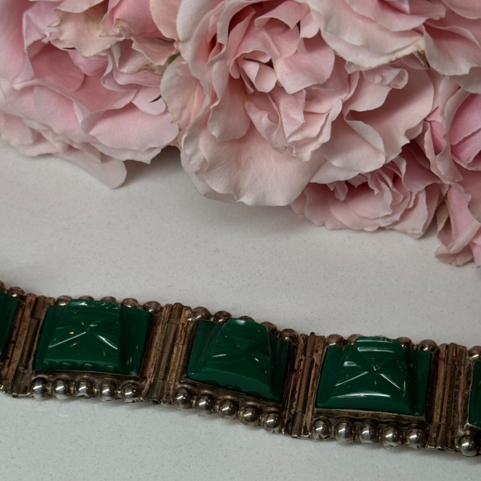 Vintage 925 Sterling Silver Green Jade Bracelet Length 7 in