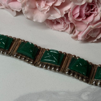 Vintage 925 Sterling Silver Green Jade Bracelet Length 7 in