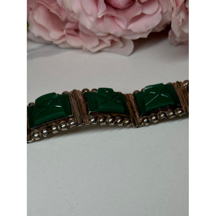 VINTAGE 925 STERLING SILVER GREEN JADE BRACELET LENGTH 7 in