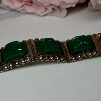 Vintage 925 Sterling Silver Green Jade Bracelet Length 7 in