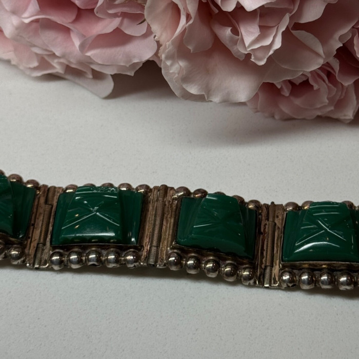 Vintage 925 Sterling Silver Green Jade Bracelet Length 7 in