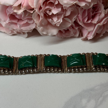 Vintage 925 Sterling Silver Green Jade Bracelet Length 7 in