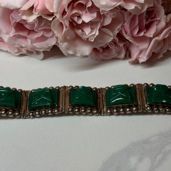 Vintage 925 Sterling Silver Green Jade Bracelet Length 7 in