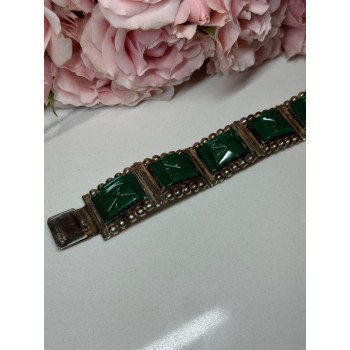 VINTAGE 925 STERLING SILVER GREEN JADE BRACELET LENGTH 7 in
