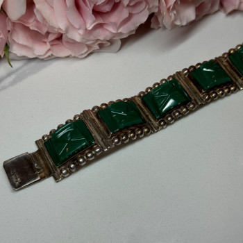 Vintage 925 Sterling Silver Green Jade Bracelet Length 7 in