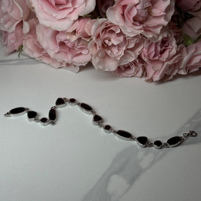 925 Sterling Silver Black Enamel Bracelet Length 7.5 in