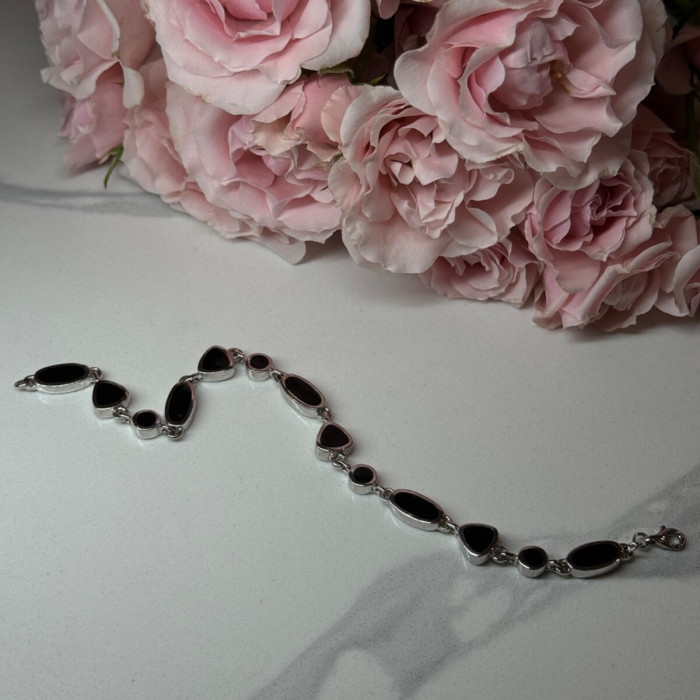 925 Sterling Silver Black Enamel Bracelet Length 7.5 in