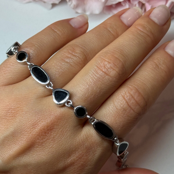 925 Sterling Silver Black Enamel Bracelet Length 7.5 in