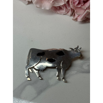 925 Sterling Silver Cow Brooch Length 2.5 In