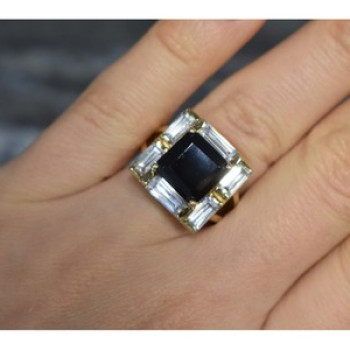 925 Sterling Silver Gold Plated Jewelry Glass & CZ Ring Size 6.5