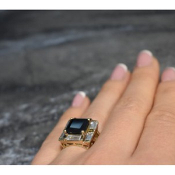 925 Sterling Silver Gold Plated Jewelry Glass & CZ Ring Size 6.5