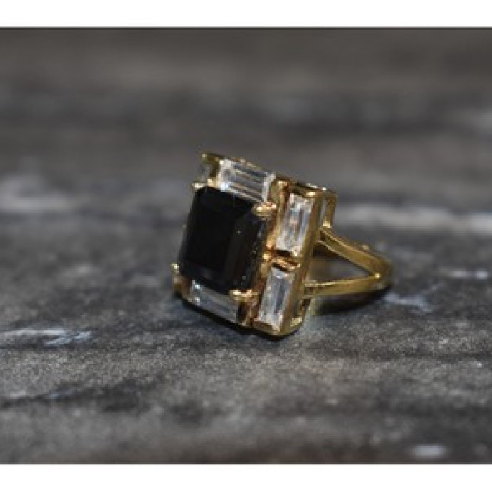 925 Sterling Silver Gold Plated Jewelry Glass & CZ Ring Size 6.5
