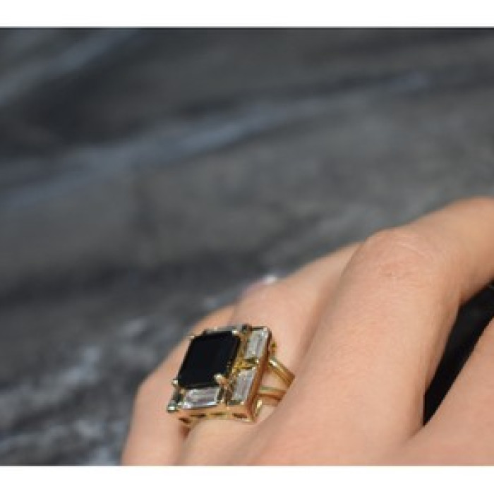 925 Sterling Silver Gold Plated Jewelry Glass & CZ Ring Size 6.5