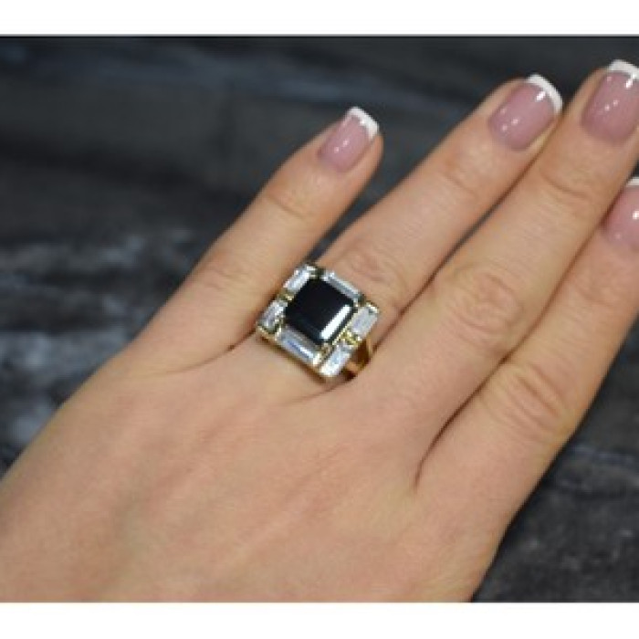 925 Sterling Silver Gold Plated Jewelry Glass & CZ Ring Size 6.5