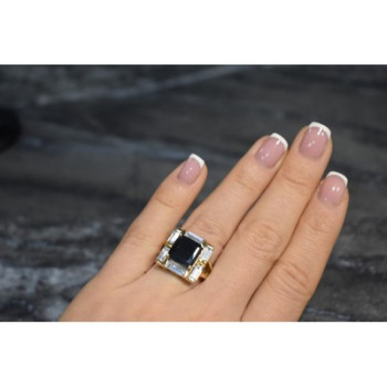 925 Sterling Silver Gold Plated Jewelry Glass & CZ Ring Size 6.5