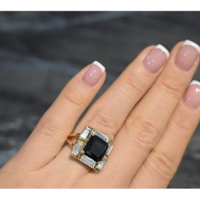 925 Sterling Silver Gold Plated Jewelry Glass & CZ Ring Size 6.5