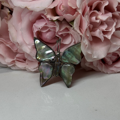 925 Sterling Silver Abalone Brooch Butterfly Length 1.5 In