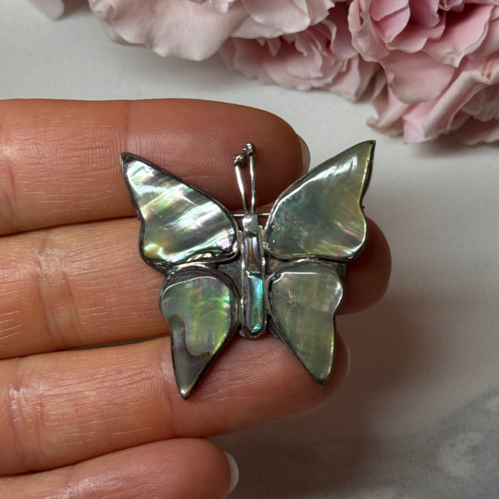 925 Sterling Silver Abalone Brooch Butterfly Length 1.5 In