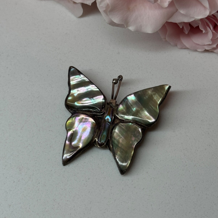 925 Sterling Silver Abalone Brooch Butterfly Length 1.5 In