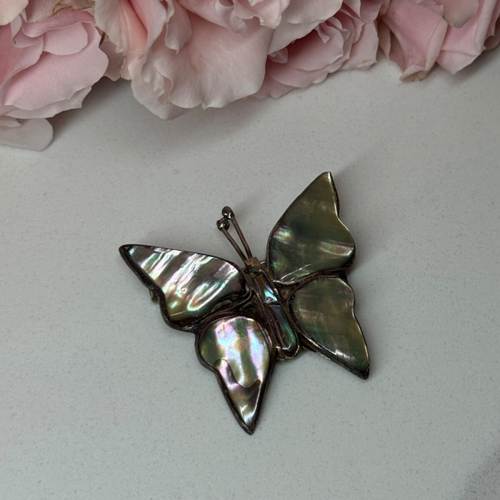 925 Sterling Silver Abalone Brooch Butterfly Length 1.5 In