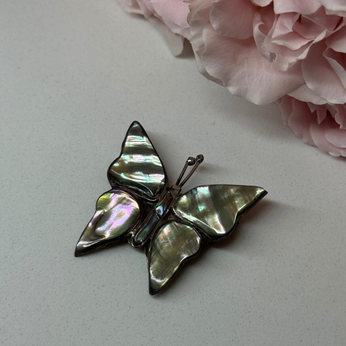 925 Sterling Silver Abalone Brooch Butterfly Length 1.5 In