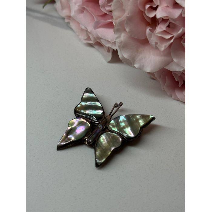 925 Sterling Silver Abalone Brooch Butterfly Length 1.5 In