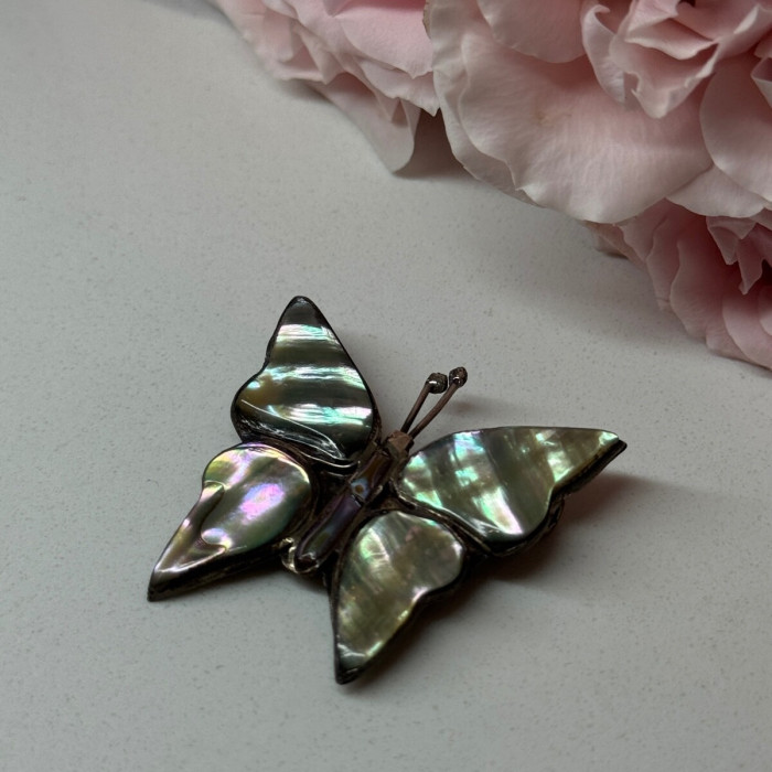 925 Sterling Silver Abalone Brooch Butterfly Length 1.5 In