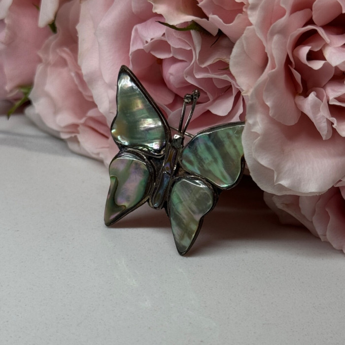925 Sterling Silver Abalone Brooch Butterfly Length 1.5 In