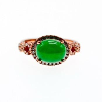 925 Sterling Silver Gold Plated Green Nephrite (Jade) & CZ Ring Size 8