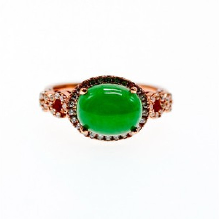 925 Sterling Silver Gold Plated Green Nephrite (Jade) & CZ Ring Size 8