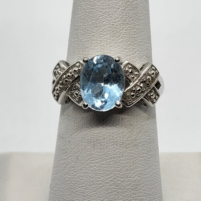 925 Sterling Silver With Topaz & Diamonds Ring Size 7
