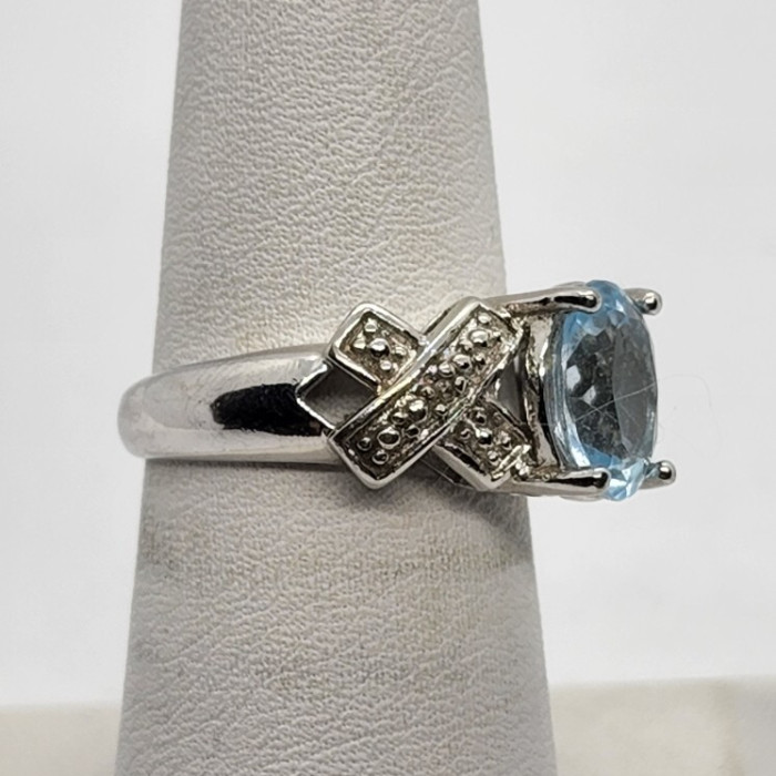925 Sterling Silver With Topaz & Diamonds Ring Size 7