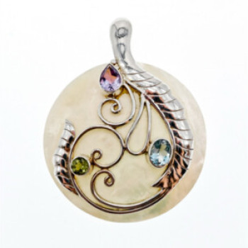 925 Sterling Silver Topaz, Amethyst, Peridot, Mother OF Pearl Pendant