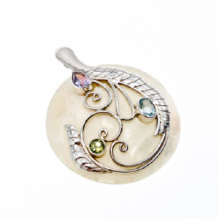 925 Sterling Silver Topaz, Amethyst, Peridot, Mother OF Pearl Pendant