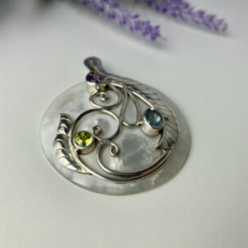 925 Sterling Silver Topaz, Amethyst, Peridot, Mother OF Pearl Pendant