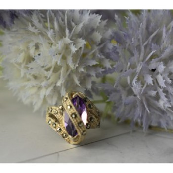 Vintage 925 Sterling Silver Purple Tourmaline & Marcasites Ring Size 6.75