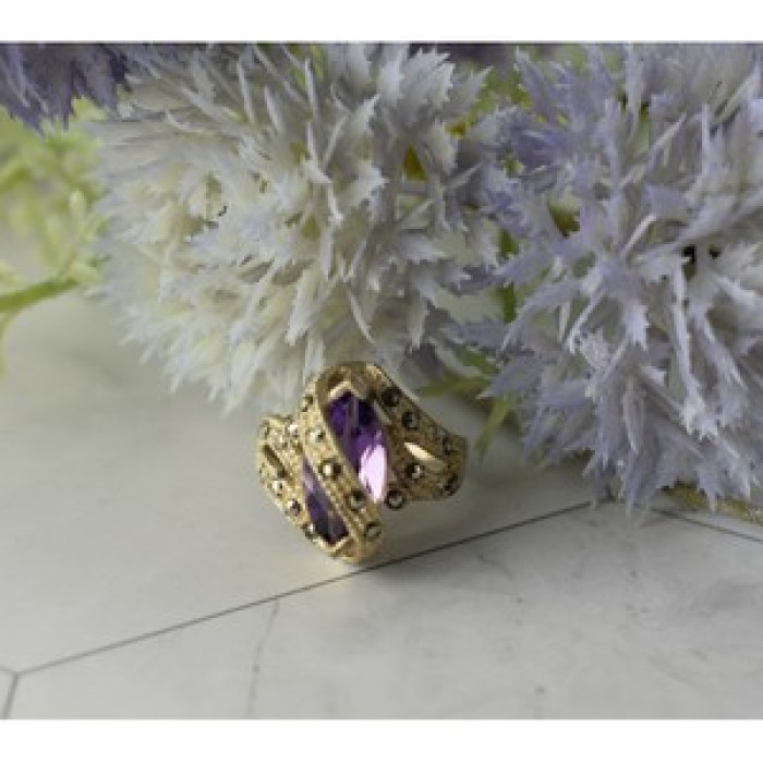 Vintage 925 Sterling Silver Purple Tourmaline & Marcasites Ring Size 6.75