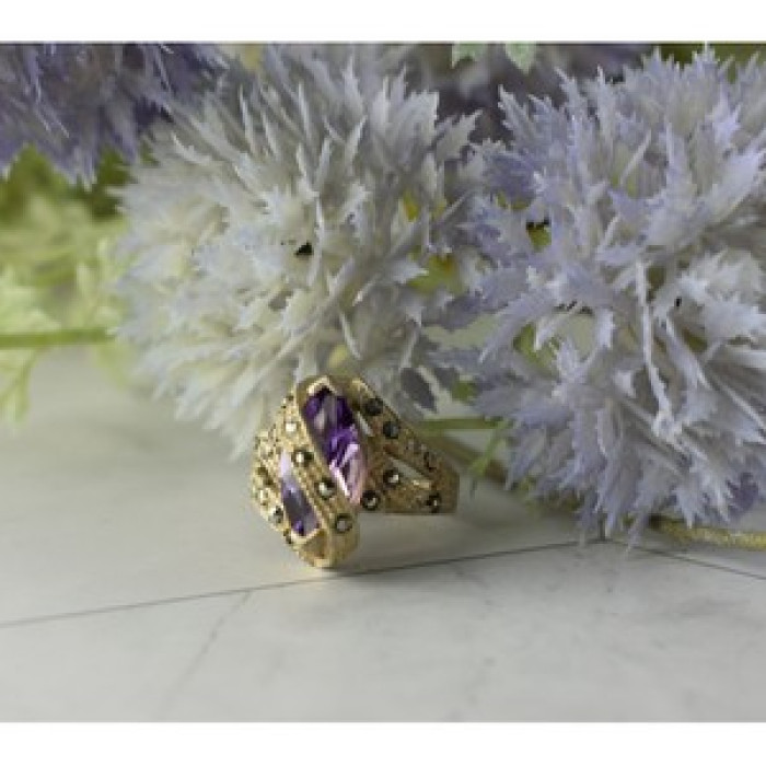 Vintage 925 Sterling Silver Purple Tourmaline & Marcasites Ring Size 6.75